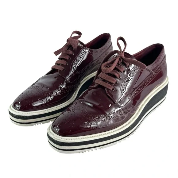 PRADA Brogues Burgundy Patent Leather Women Wingtip Platform Loafers 39 - 9US